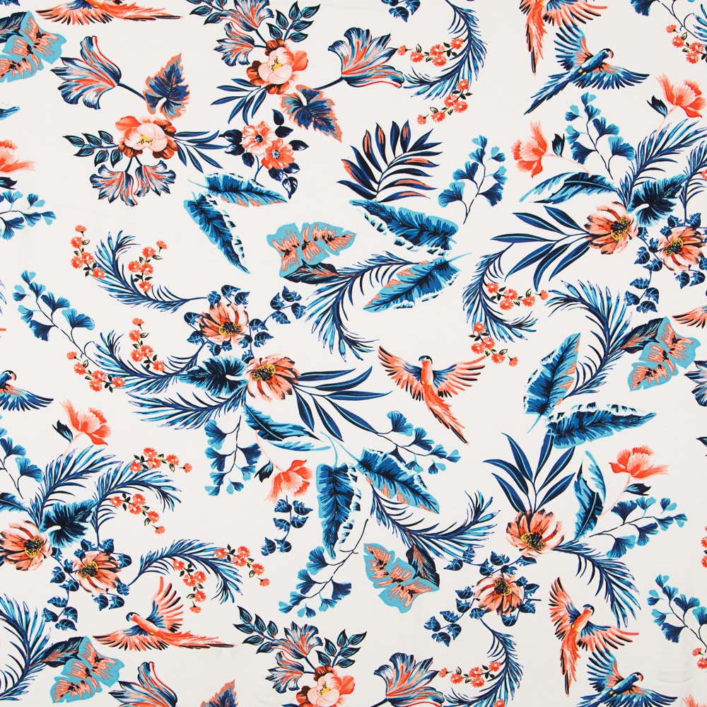 Tricot Viscose Tropical Perroquets Blancs - Ribes y Casals
