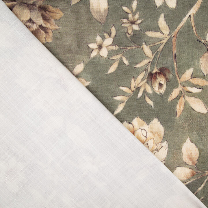 Toile de coton effet tissu de lin « Jardin romantique » vert olive - Ribes y Casals