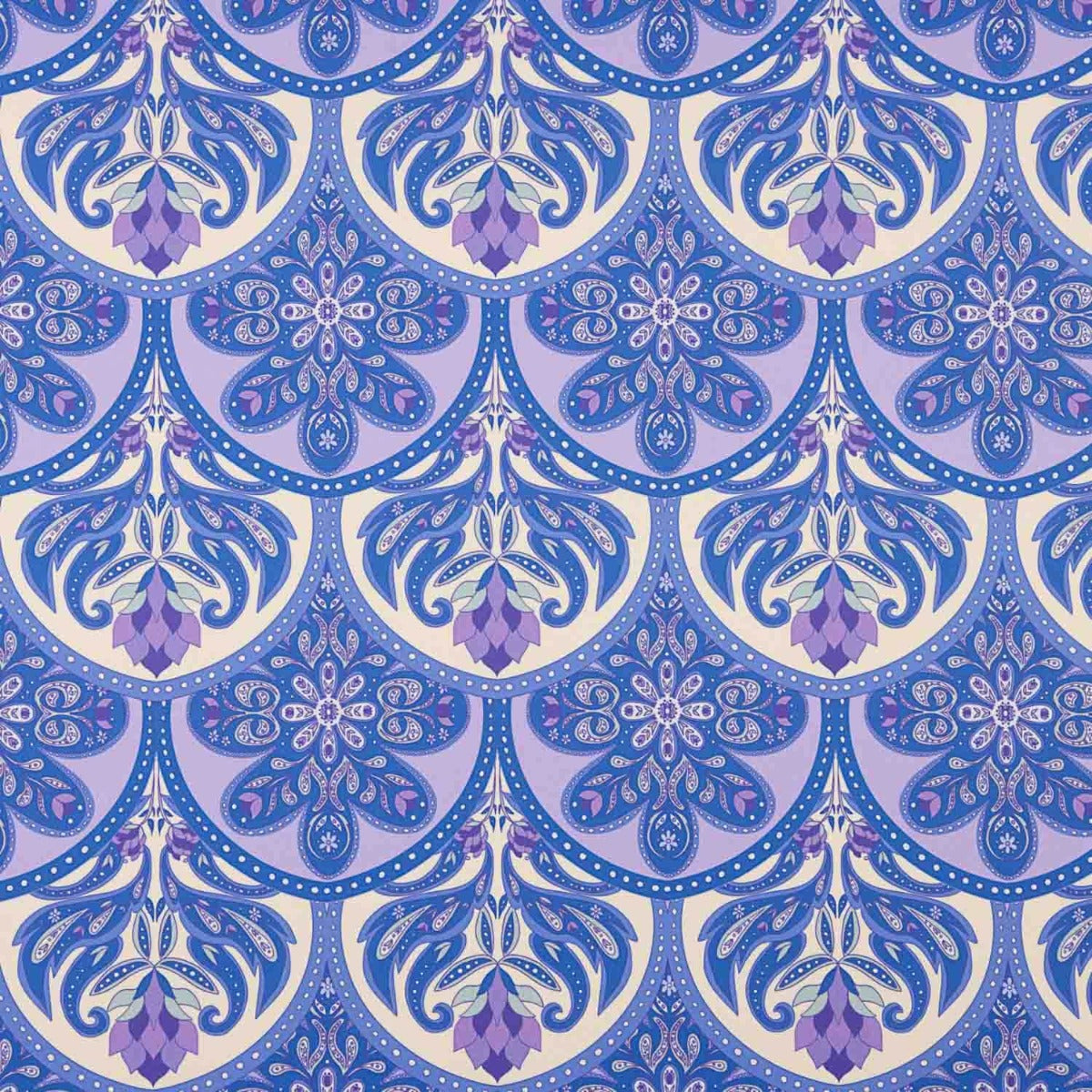 Tissu de satin de polyester imprimé à motifs floraux et géométriques lilas - Ribes y Casals