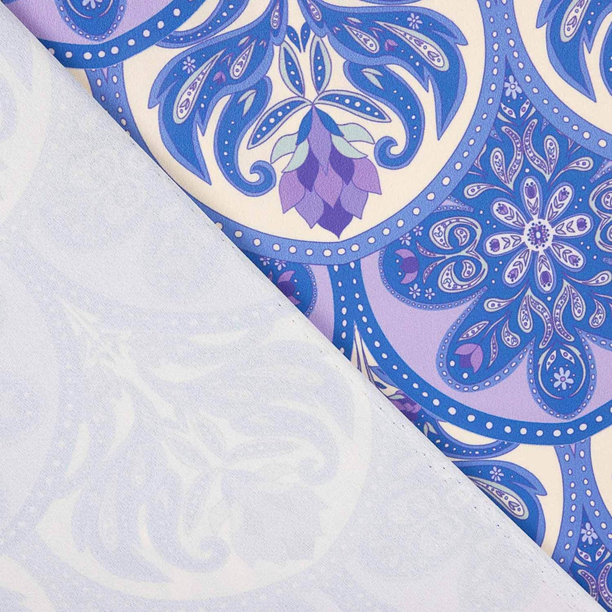 Tissu de satin de polyester imprimé à motifs floraux et géométriques lilas - Ribes y Casals