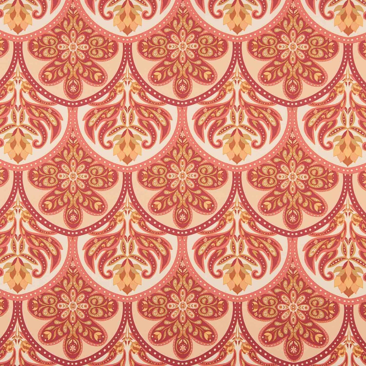 Tissu de satin de polyester imprimé à motifs floraux et géométriques rouges - Ribes y Casals