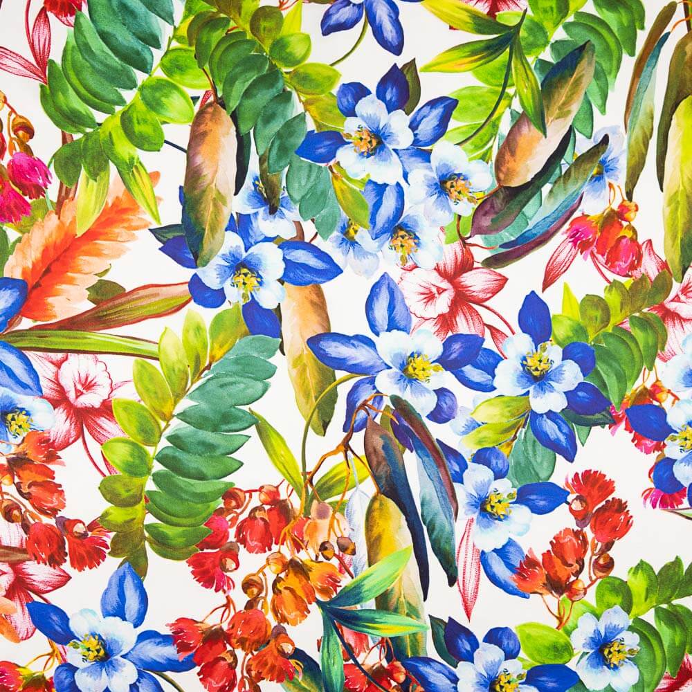 Tissu Satin Soie Naturel  Fleurs Bleu - Ribes y Casals