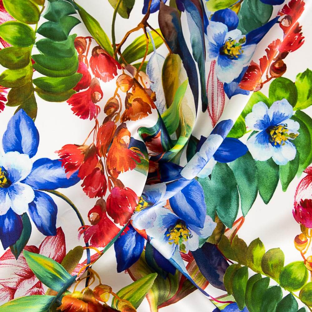 Tissu Satin Soie Naturel  Fleurs Bleu - Ribes y Casals