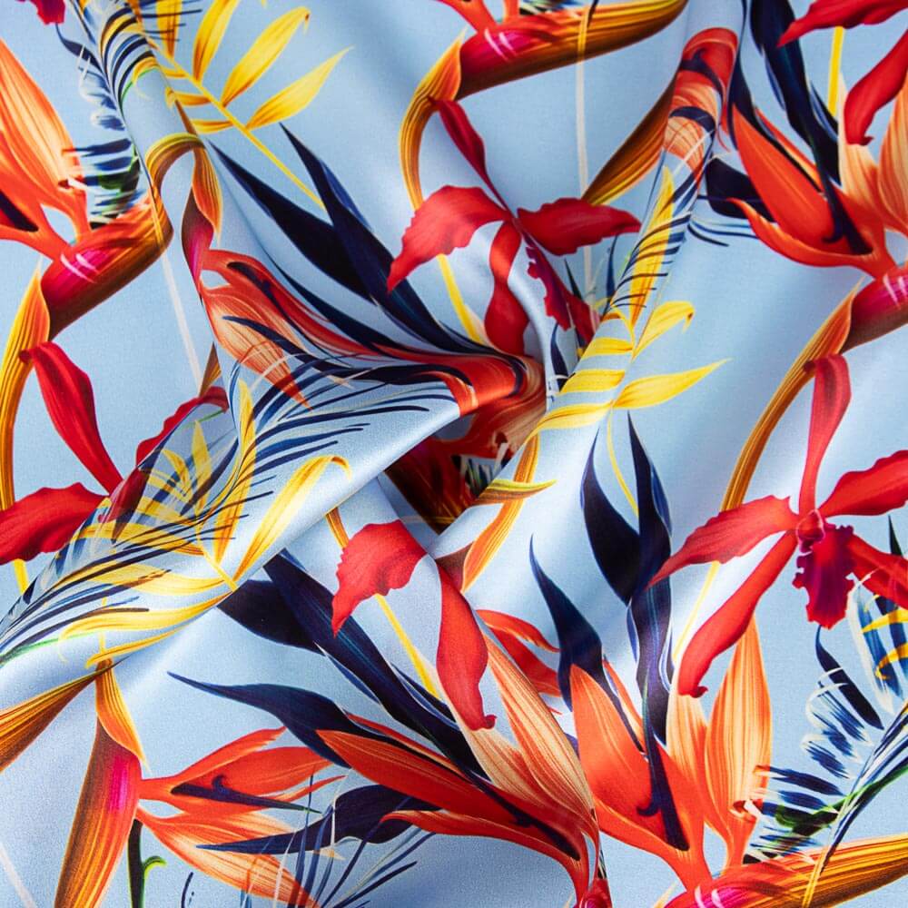 Tissu Satin Soie Naturel  Fleurs Bleu - Ribes y Casals