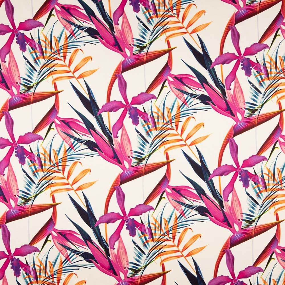 Tissu Satin Soie Naturel Floral Fuchsia - Ribes y Casals