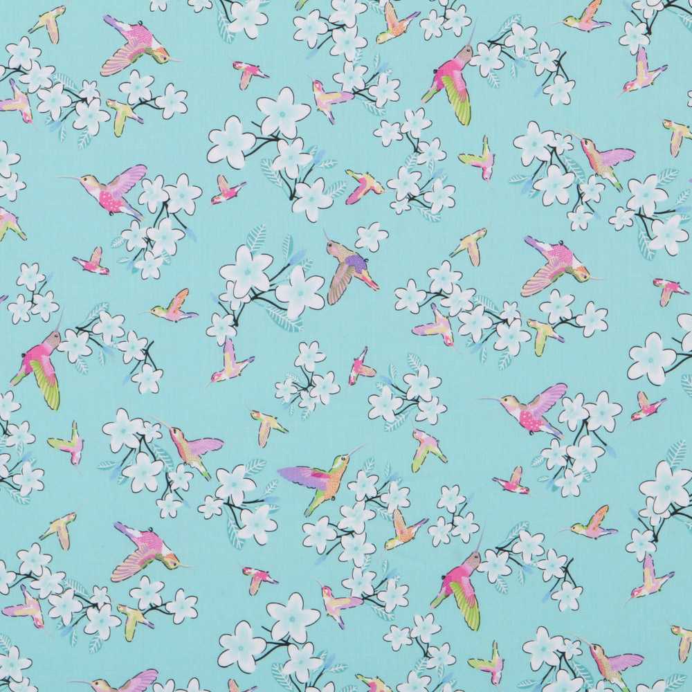 Satin Coton Nature Oiseaux Turquoise - Ribes y Casals