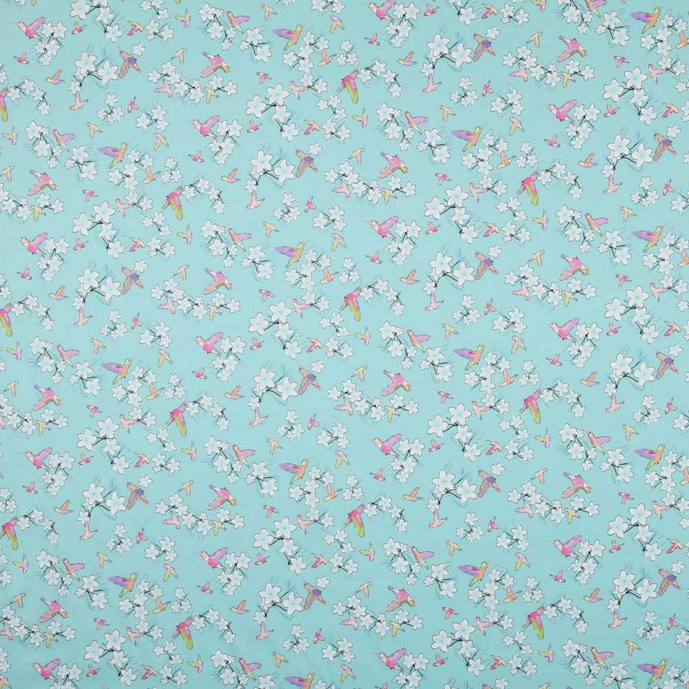 Satin Coton Nature Oiseaux Turquoise - Ribes y Casals