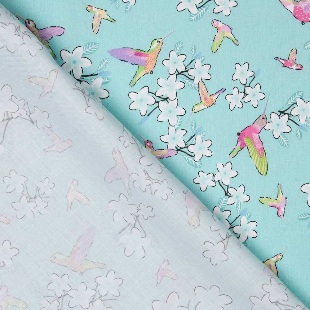 Satin Coton Nature Oiseaux Turquoise - Ribes y Casals
