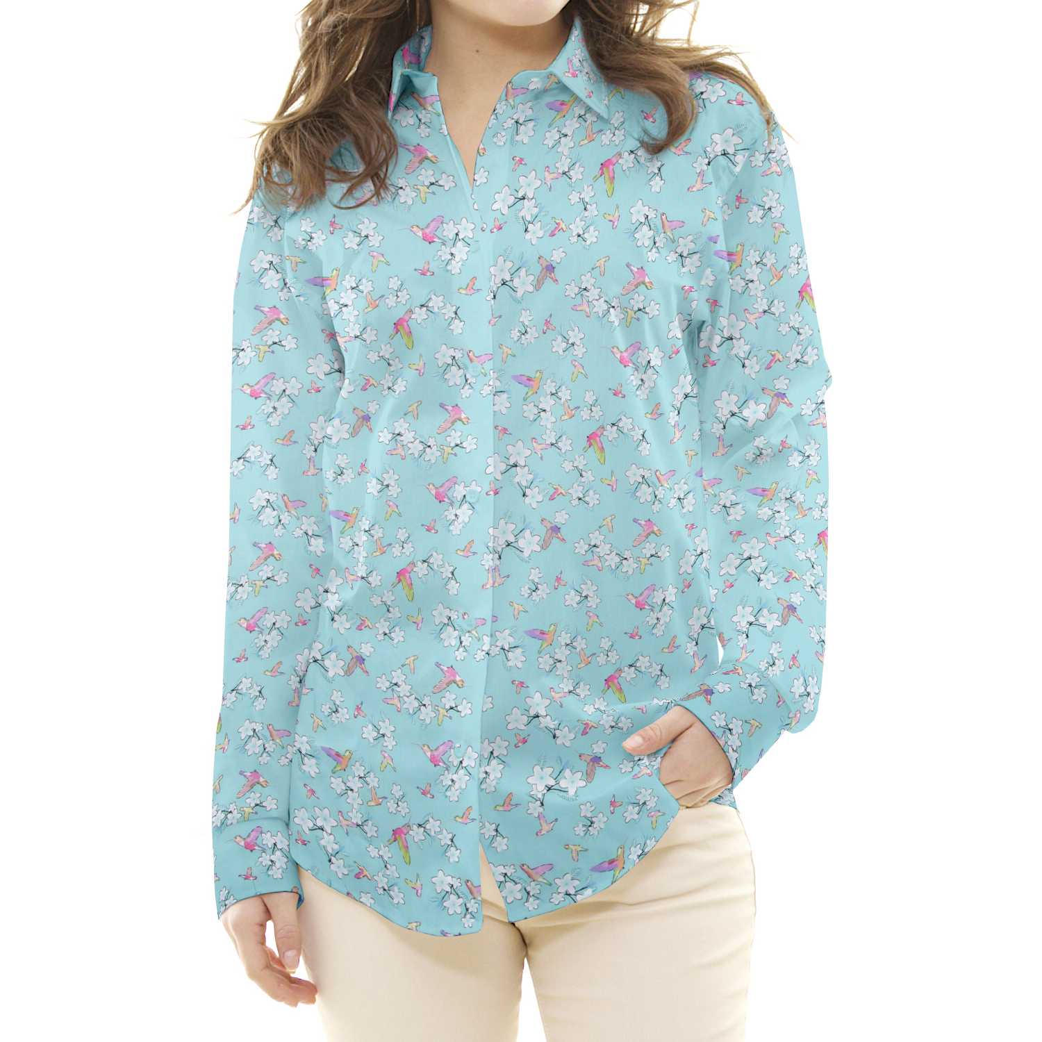 Satin Coton Nature Oiseaux Turquoise - Ribes y Casals