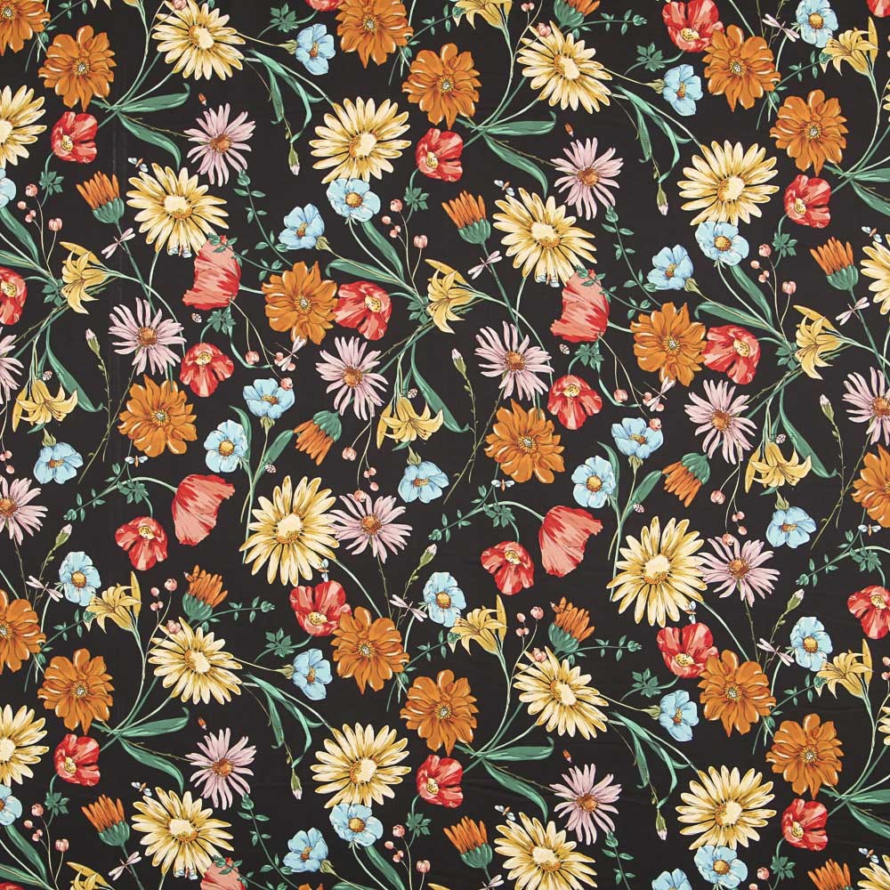 Satin Polyester Fleurs Noires - Ribes y Casals