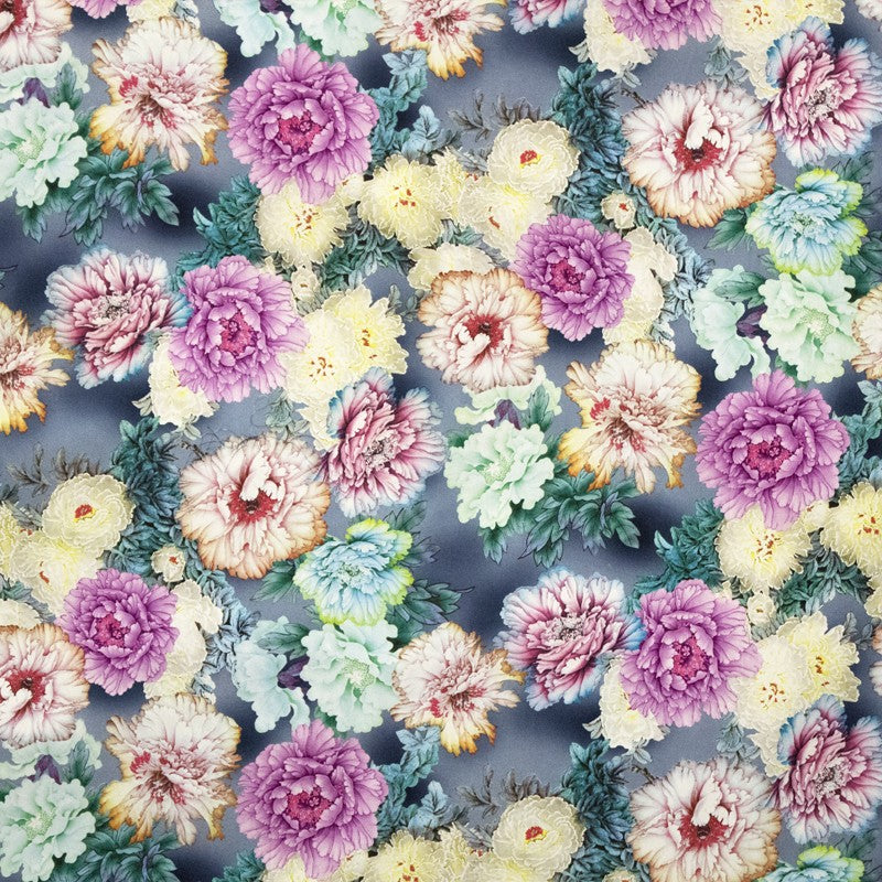 Satin Polyester Fleur Asiatique Marine - Ribes y Casals