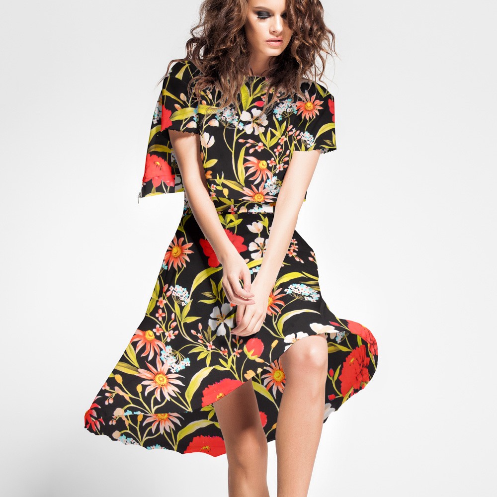 Satin De Soie Italienne Floral Noir - Ribes y Casals