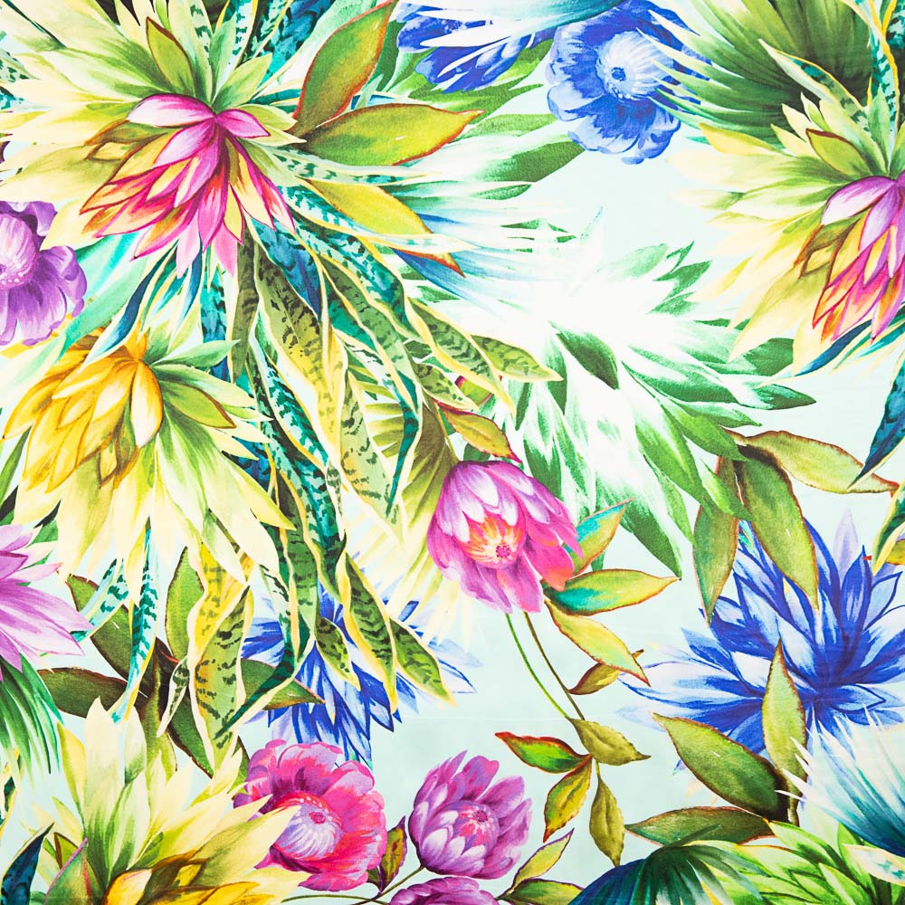 Tissu Satin Soie Sauvage Fleur Tropicale Vert d&#39;Eau - Ribes y Casals