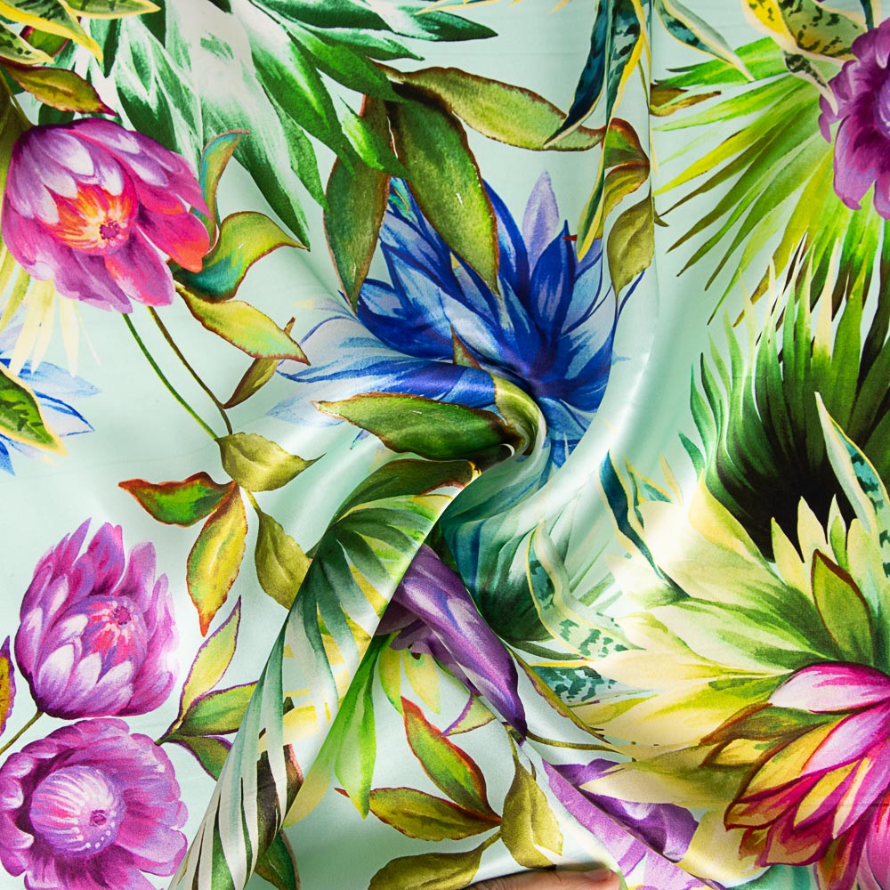 Tissu Satin Soie Sauvage Fleur Tropicale Vert d&#39;Eau - Ribes y Casals
