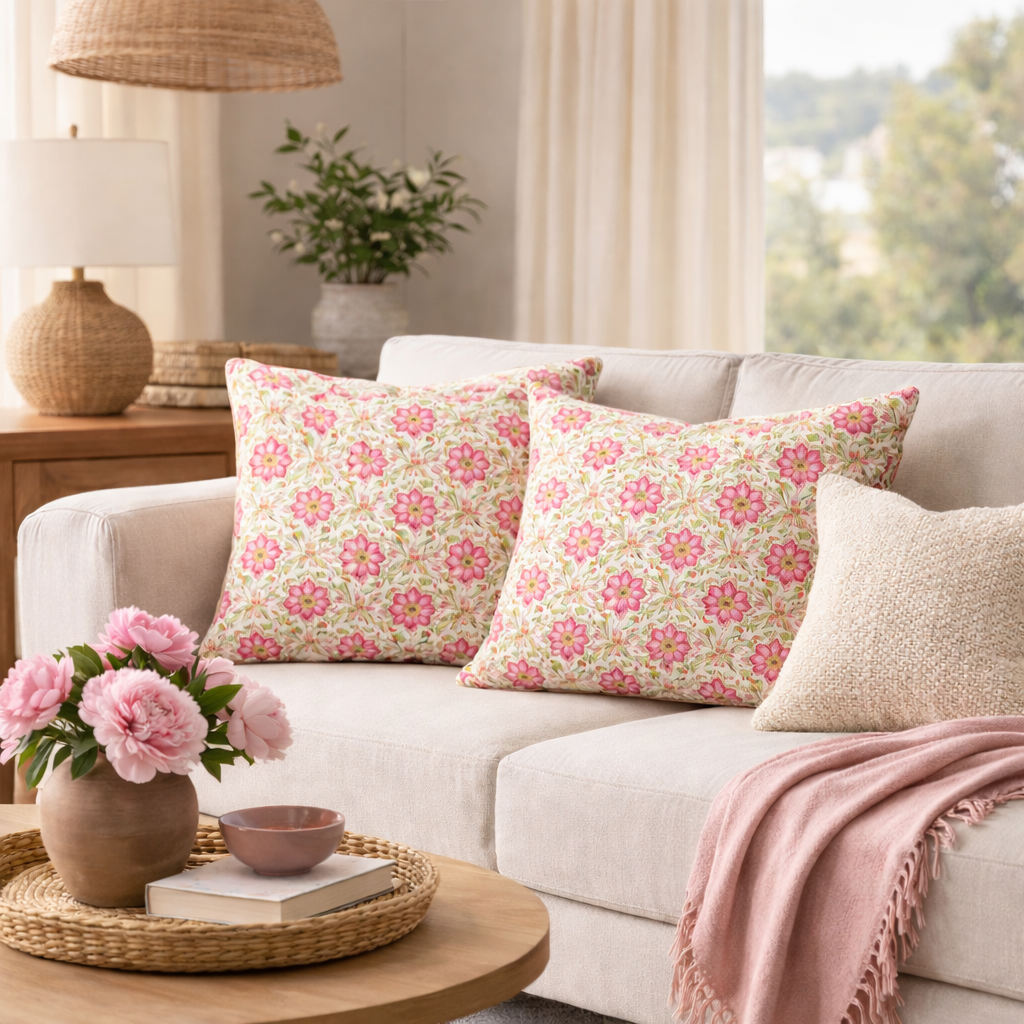 Toile de coton Fleurs roses Fond vert - Ribes y Casals