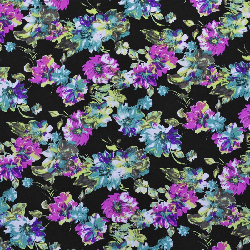 Crêpe Imprimé Gros Bouquet Fond Noir - Ribes y Casals