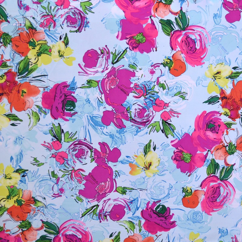 Crêpe Imprimé Fleurs Aquarelles Bleu Ciel - Ribes y Casals