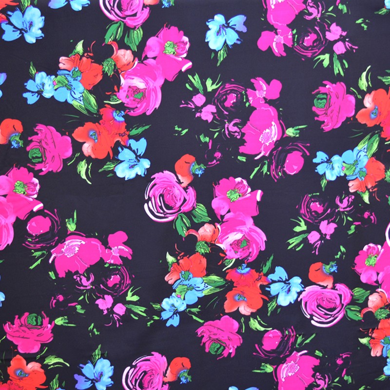 Crêpe Imprimé Fleurs Aquarelles Noir - Ribes y Casals