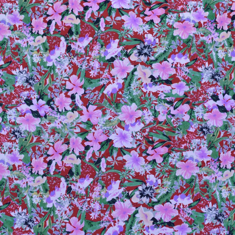 Crêpe Imprimé Fleurs Hibiscus Fond Rouge - Ribes y Casals