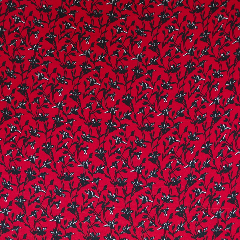 Crepe Viscose Fleur Fond Rouge - Ribes y Casals