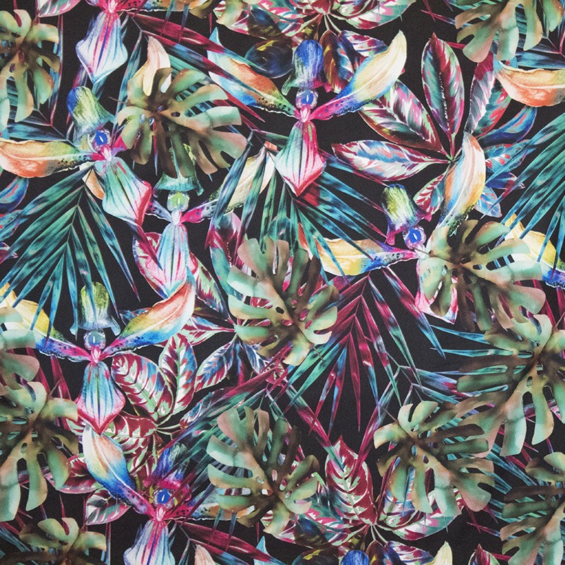 Tissu Fleur Satiné Jungle Noir - Ribes y Casals