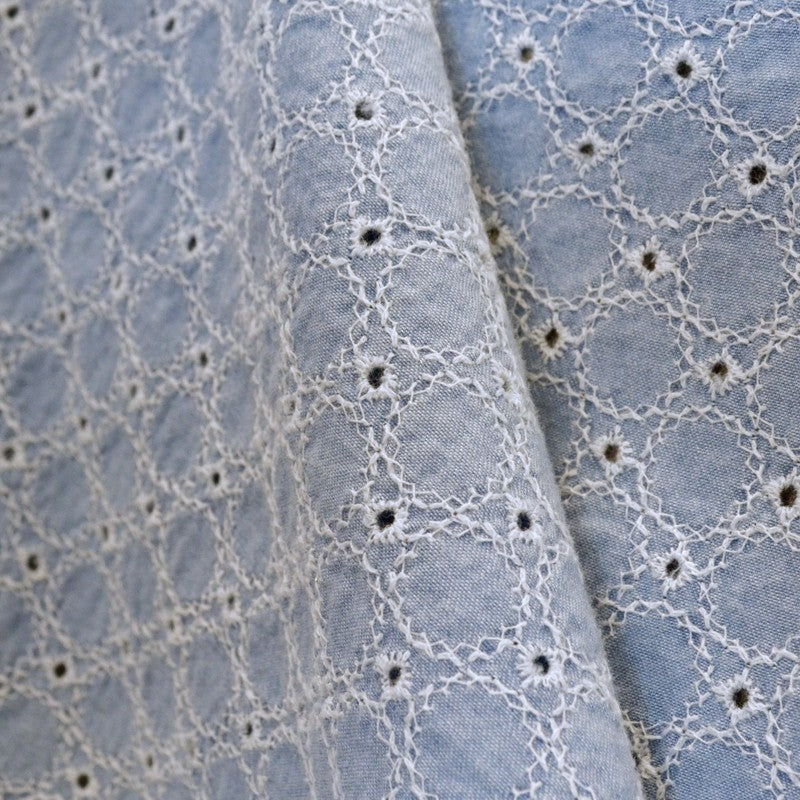 Popeline Brodée Rond Bleu Denim - Ribes y Casals