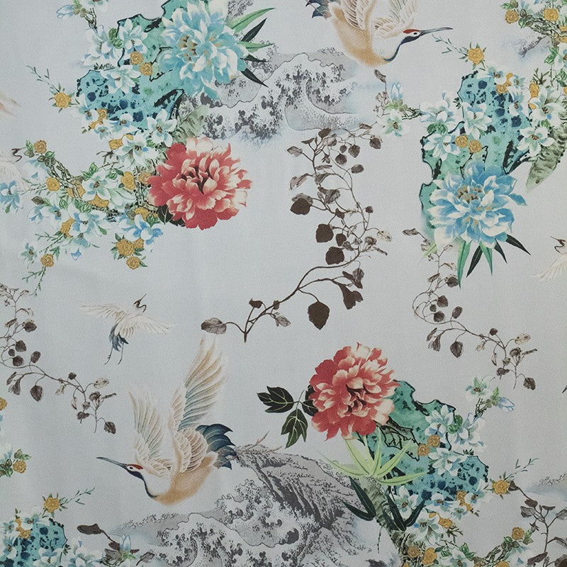 Tissu Satin Mikado Oiseaux Gris Bleuté - Ribes y Casals