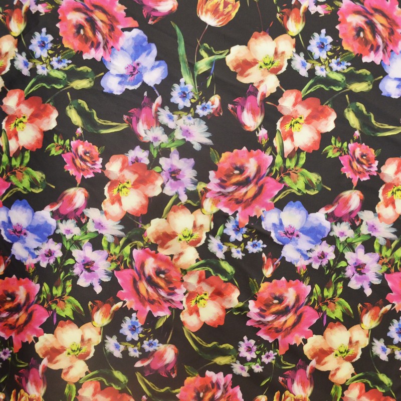 Toile Satinée Mikado Fleur Aquarelle Noir - Ribes y Casals