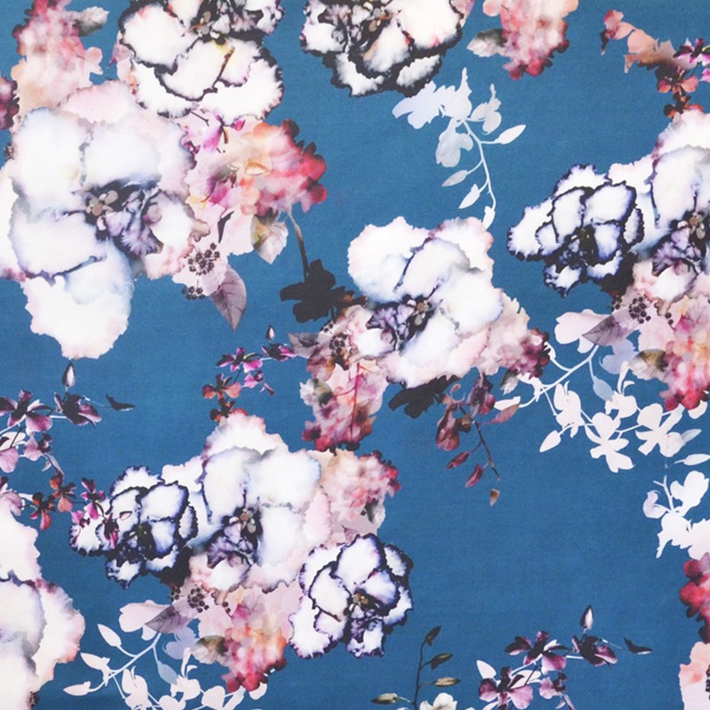 Toile Satinée Mikado Tâches Fleur Bleu Canard - Ribes y Casals