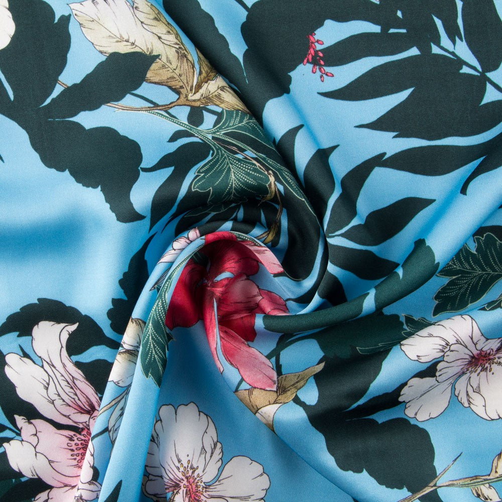 Tissu Satin Floral Bleu - Ribes y Casals