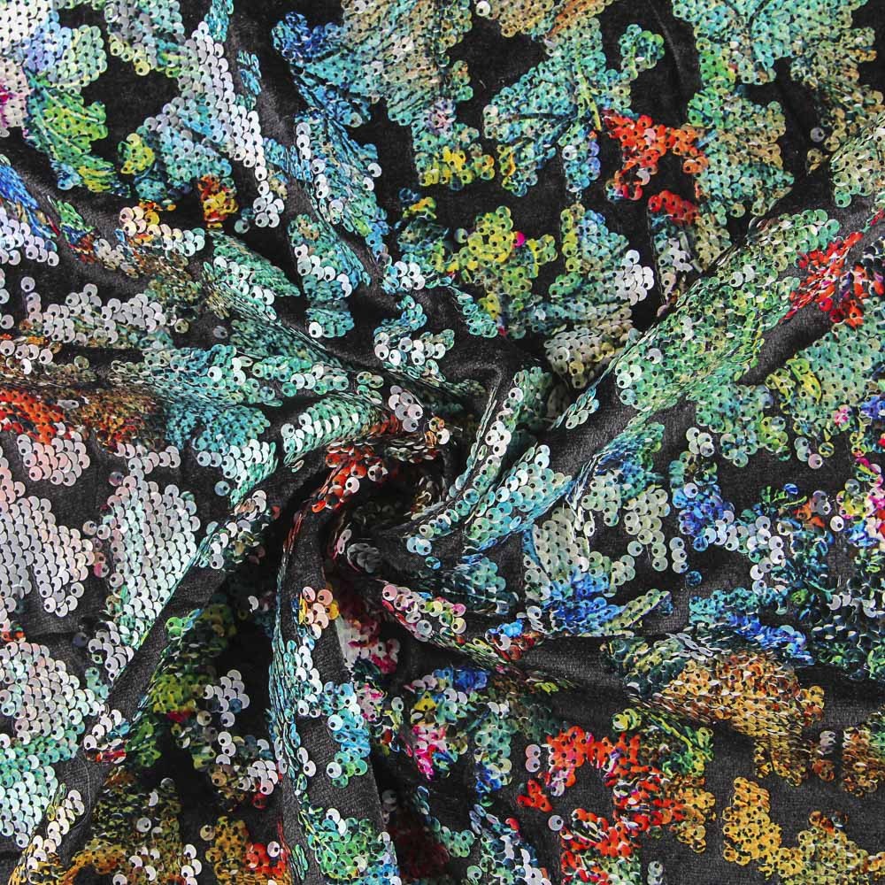 Tissu Sequins Feuilles Bleu Marine - Ribes y Casals