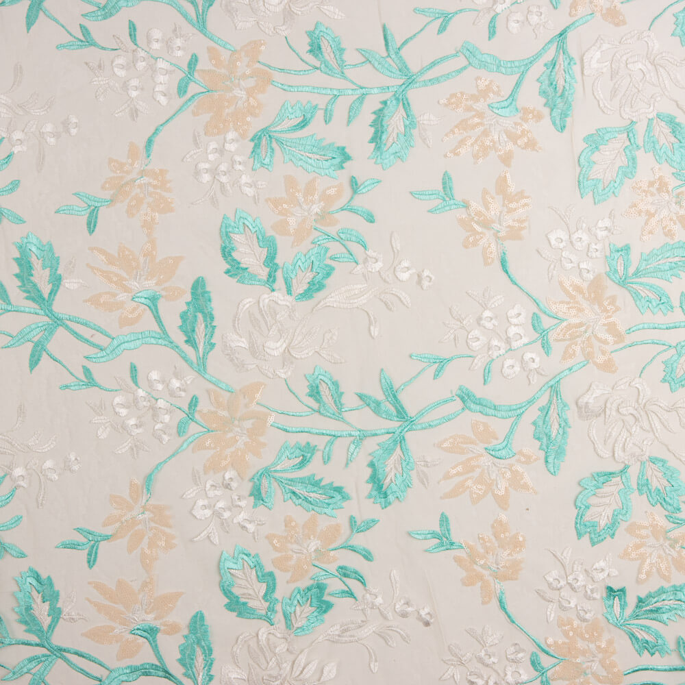 Tulle Brodé Paillettes Feuilles Vert Aqua - Ribes y Casals