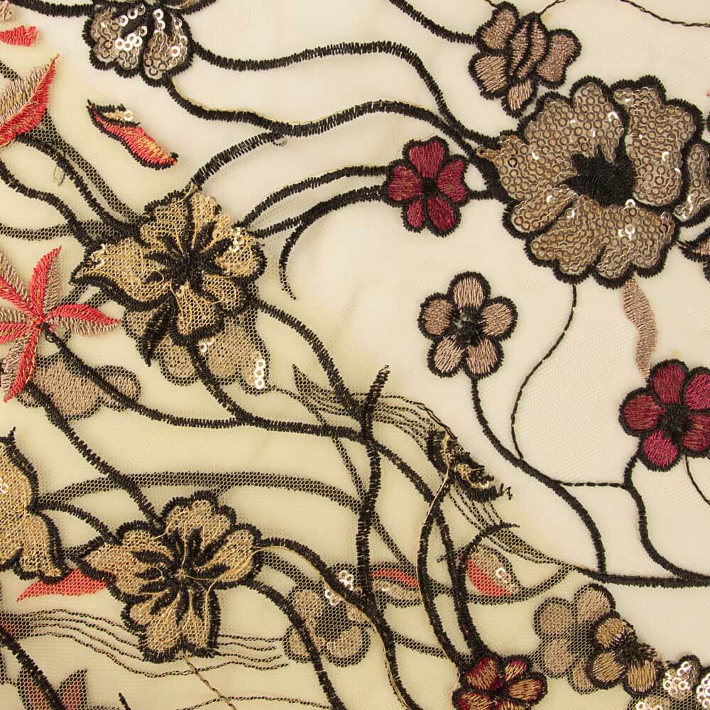 Tulle Paillettes Fleur Beige - Ribes y Casals