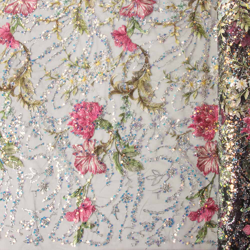 Tulle Strass Brodé Floral Noir - Ribes y Casals