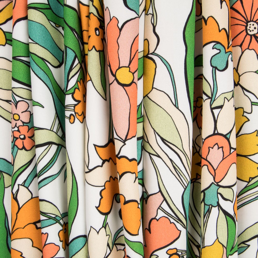 Viscose Imprimé Fleur Orange Blanc - Ribes y Casals