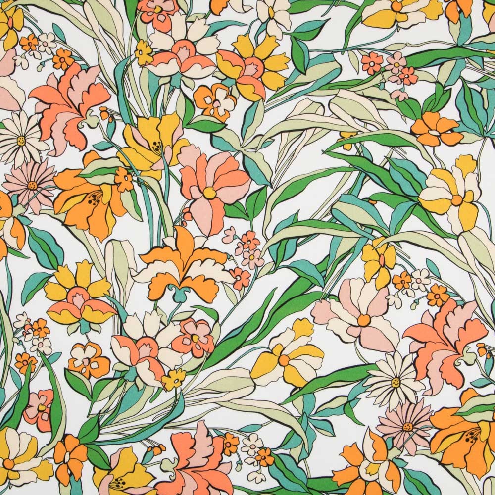 Viscose Imprimé Fleur Orange Blanc - Ribes y Casals